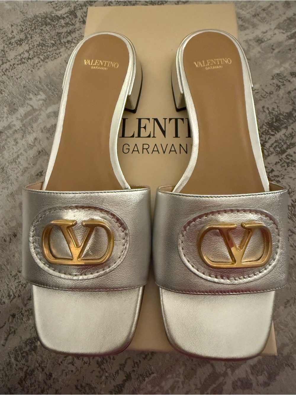 Valentino Garavani Silver Low Heel Slide Sandals Size 38